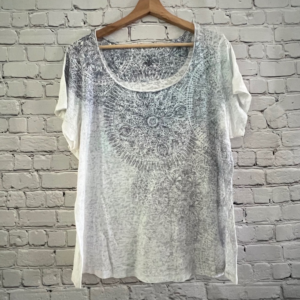 Sonoma Life Style 1X White Blue Mandala Burnout Scoop Neck Boho Graphic Tee